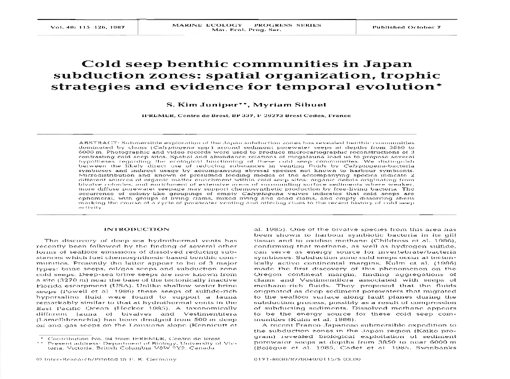 Cold Seep Benthic Communities in Japan Subduction Zones: Spatial Organization, Trophic Strategies and Evidence for Temporal Evolution*