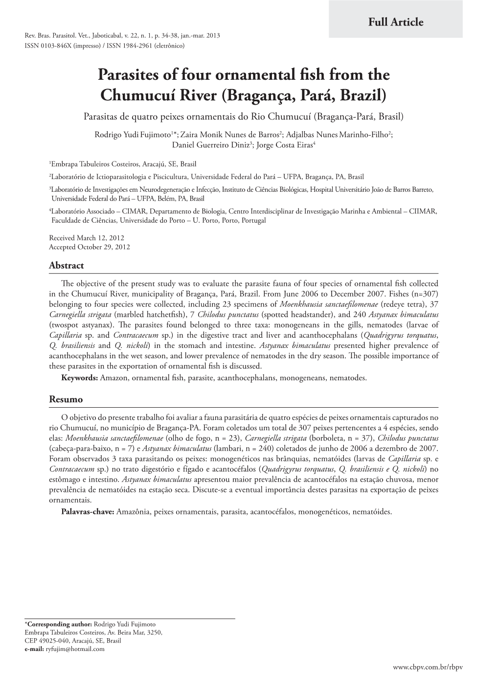 Parasites of Four Ornamental Fish from the Chumucuí River (Bragança, Pará, Brazil)