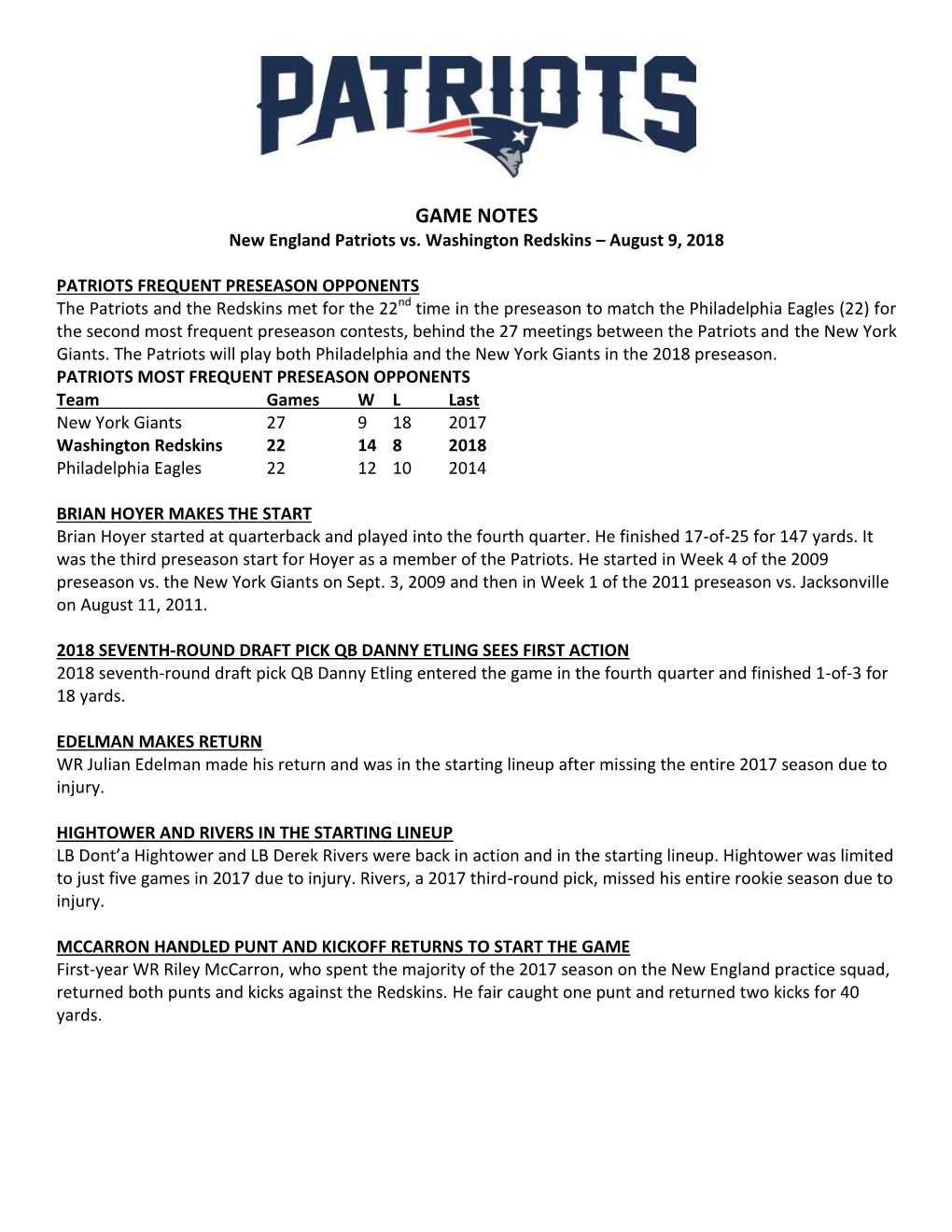 GAME NOTES New England Patriots Vs