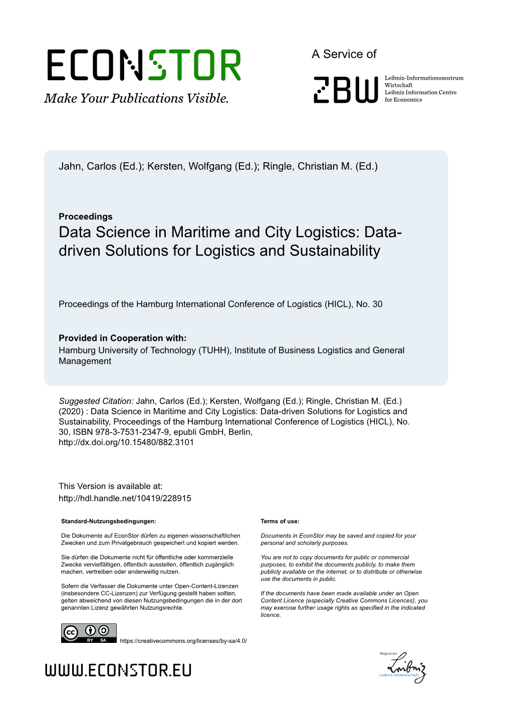 Data Science in Maritime and City Logistics: Data- Driven Solutions for Logistics and Sustainability