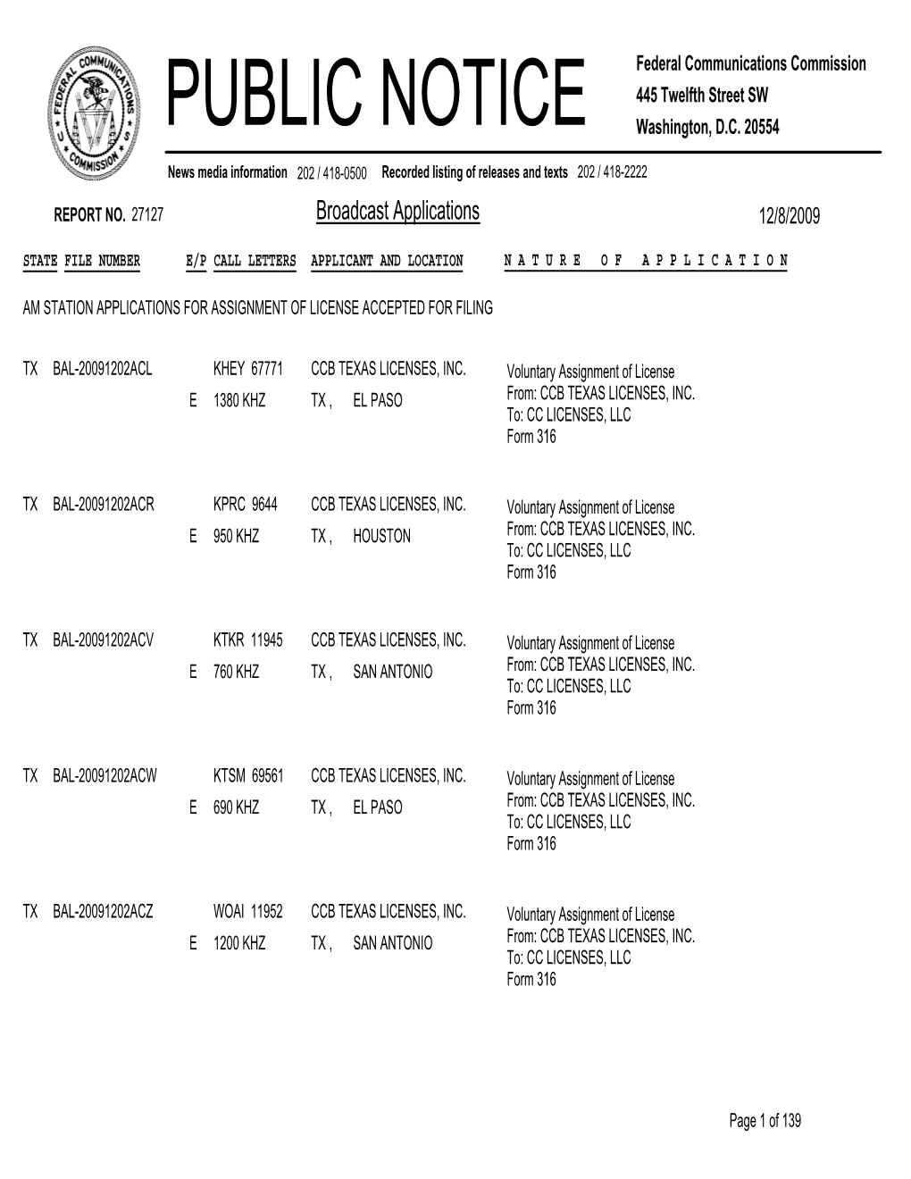 Broadcast Applications 12/8/2009