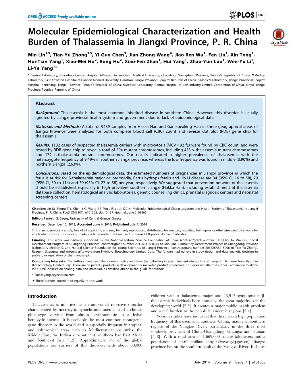 Molecular Epidemiological Characterization and Health Burden of Thalassemia in Jiangxi Province, P