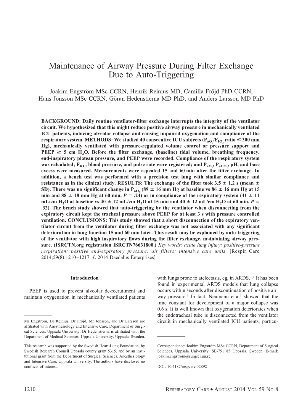 Maintenance of Airway Pressure During Filter Exchange Due to Auto-Triggering