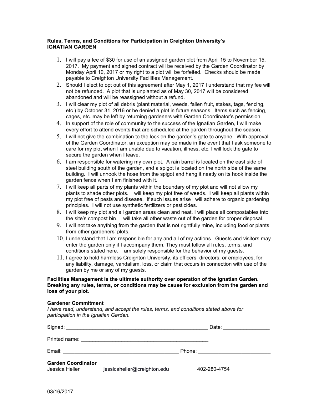 Rules, Terms, and Conditions for Participation in Creighton University S