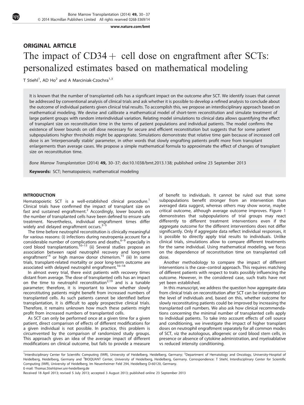 Cell Dose on Engraftment After Scts: Personalized Estimates Based on Mathematical Modeling