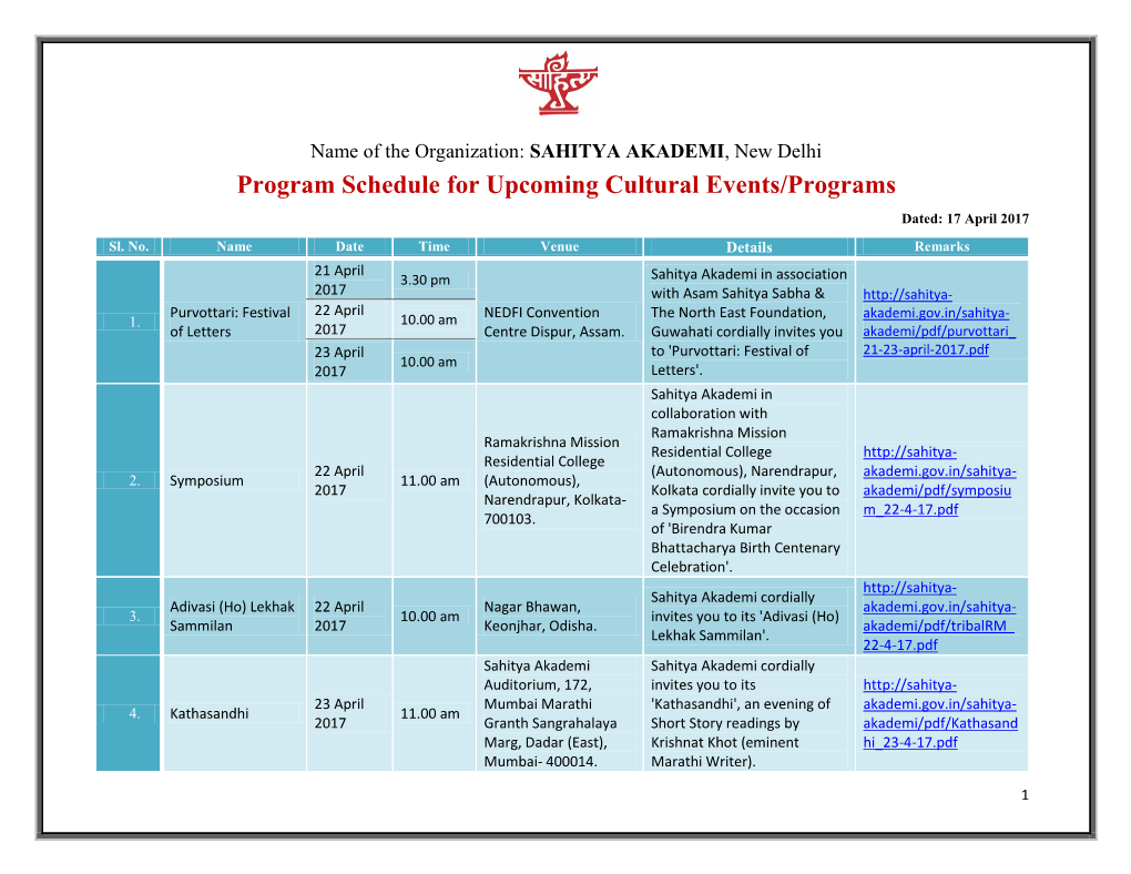 Program Schedule for Upcoming Cultural Events/Programs