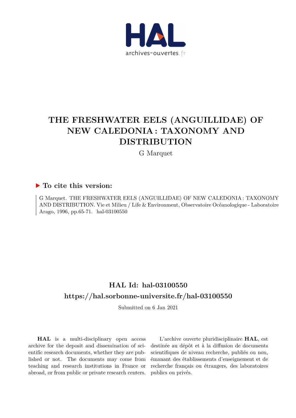 OF NEW CALEDONIA : TAXONOMY and DISTRIBUTION G Marquet