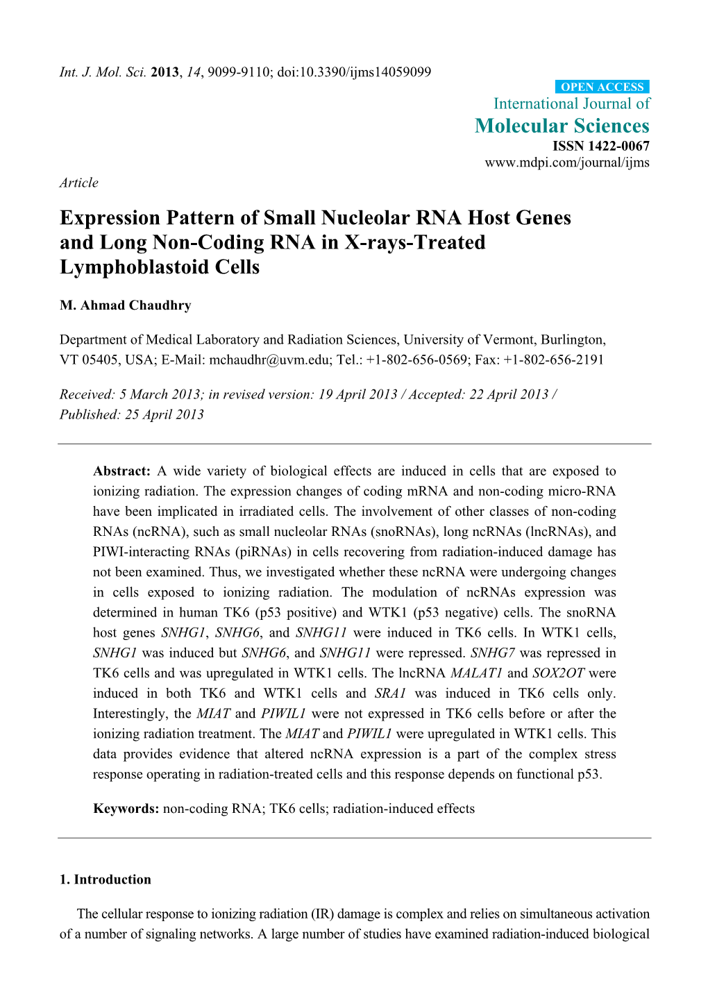 Expression Pattern of Small Nucleolar RNA Host Genes and Long Non-Coding RNA in X-Rays-Treated Lymphoblastoid Cells