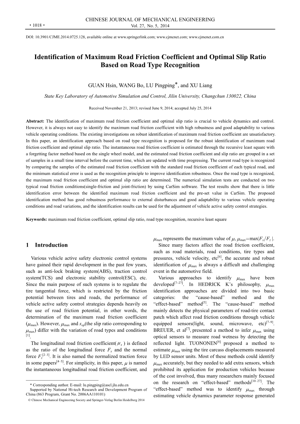 Identification of Maximum Road Friction Coefficient and Optimal Slip Ratio Based on Road Type Recognition