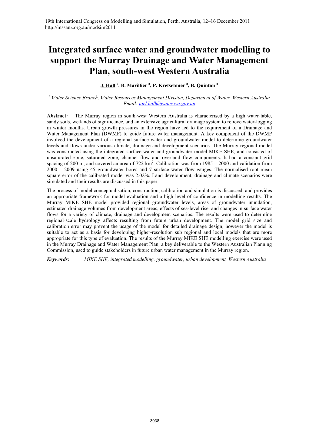 Integrated Surface Water and Groundwater Modelling to Support the Murray Drainage and Water Management Plan, South-West Western Australia