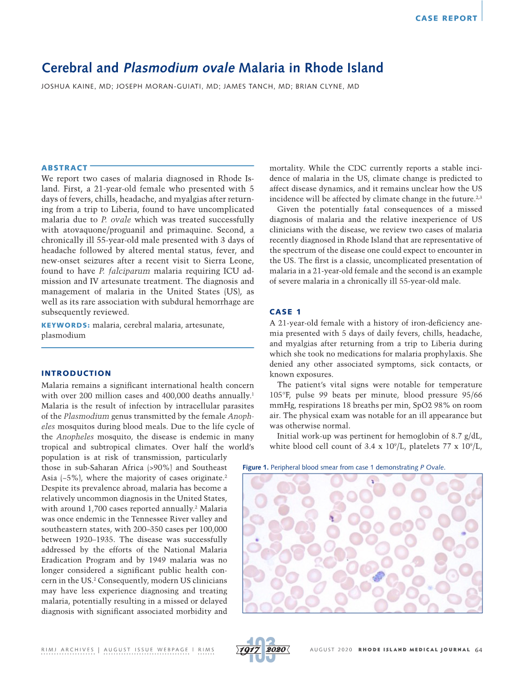 Cerebral and Plasmodium Ovale Malaria in Rhode Island