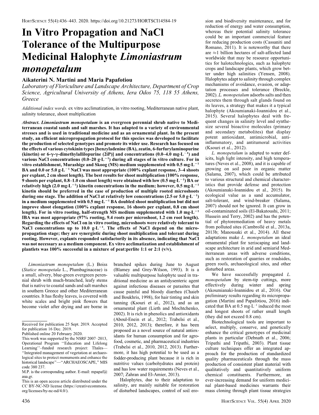 In Vitro Propagation and Nacl Tolerance of the Multipurpose