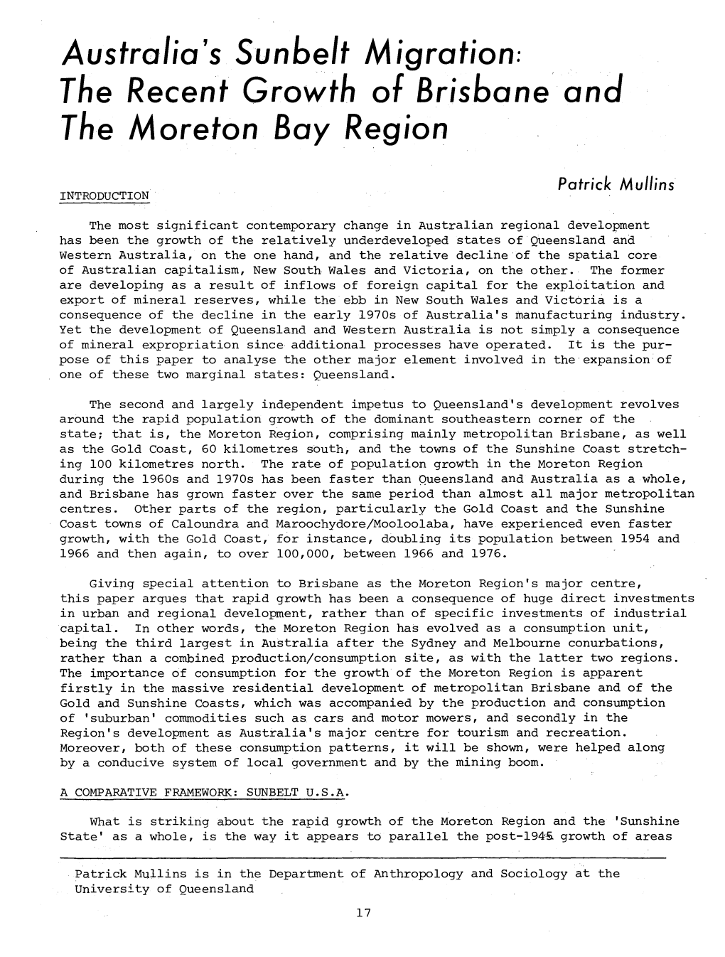 Australia's Sunbelt Migration: the Recent Growth of Brisbane and the Moreton Bay Region