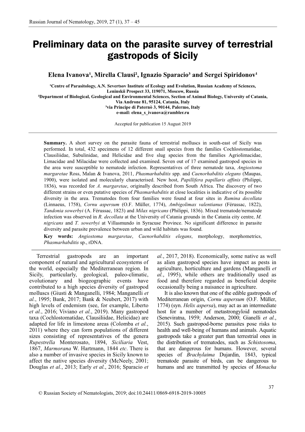 Preliminary Data on the Parasite Survey of Terrestrial Gastropods of Sicily