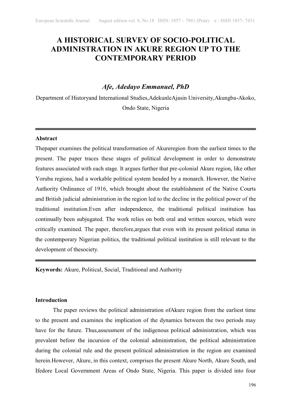 A Historical Survey of Socio-Political Administration in Akure Region up to the Contemporary Period