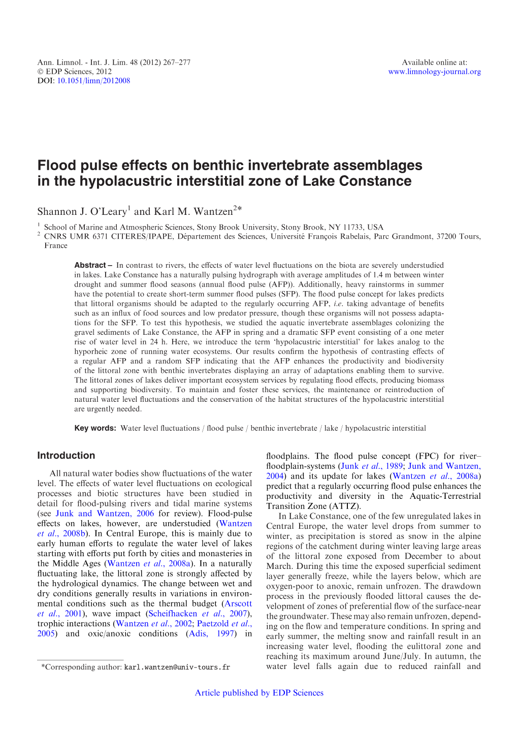 Flood Pulse Effects on Benthic Invertebrate Assemblages in the Hypolacustric Interstitial Zone of Lake Constance