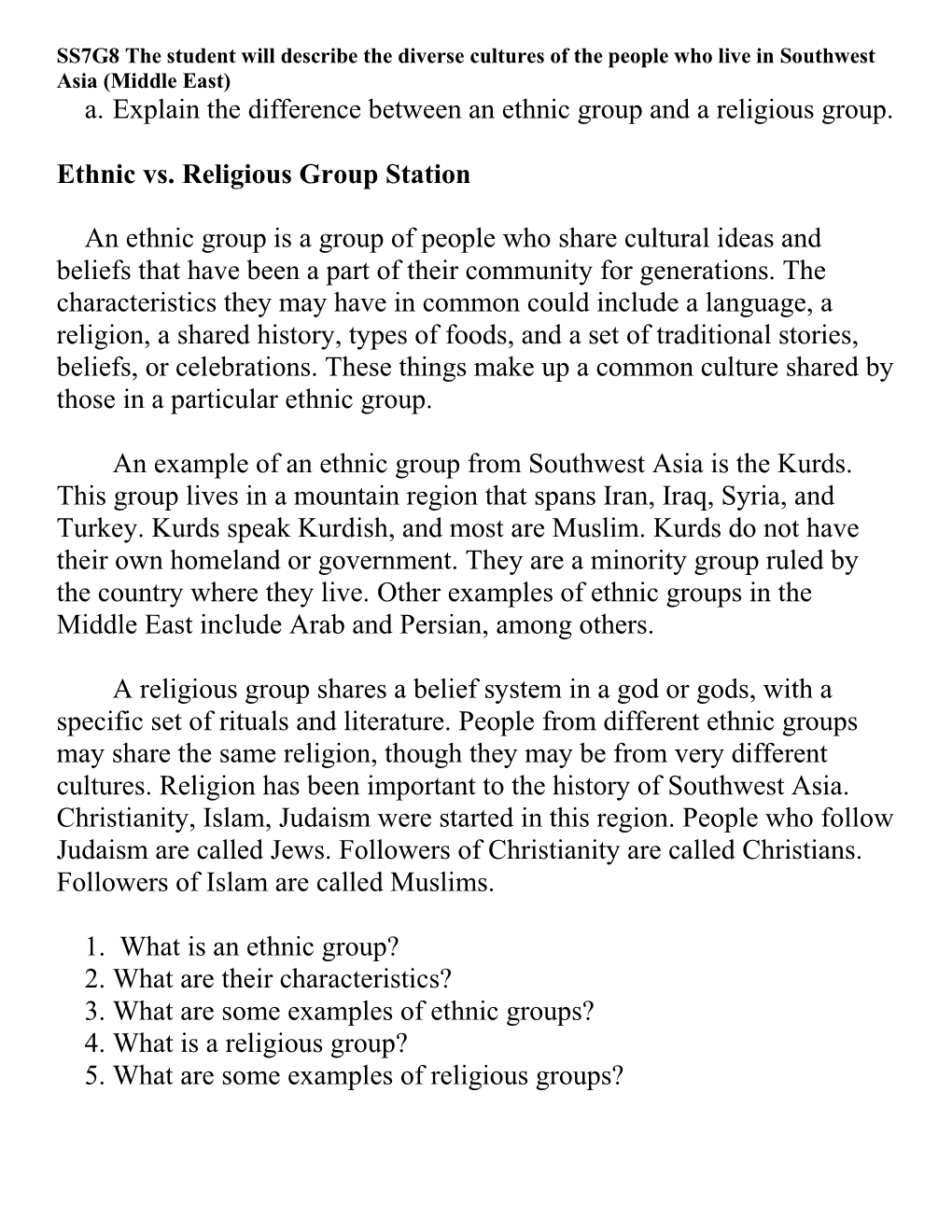 Ethnic Vs. Religious Group Station