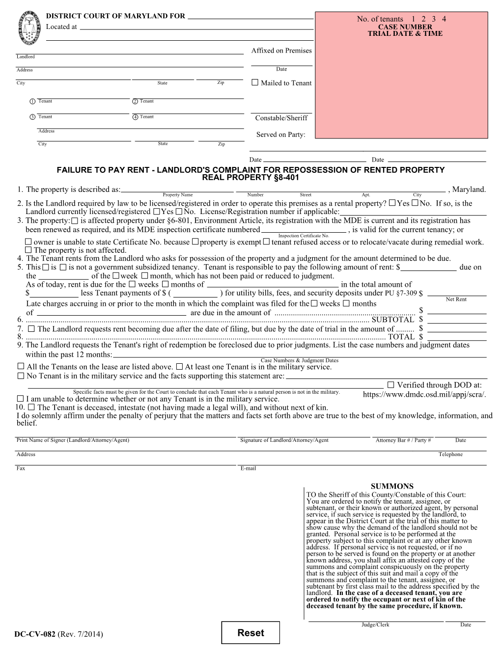 Failure to Pay Rent - Landlord's Complaint for Repossession of Rented Property Real Property §8-401 1