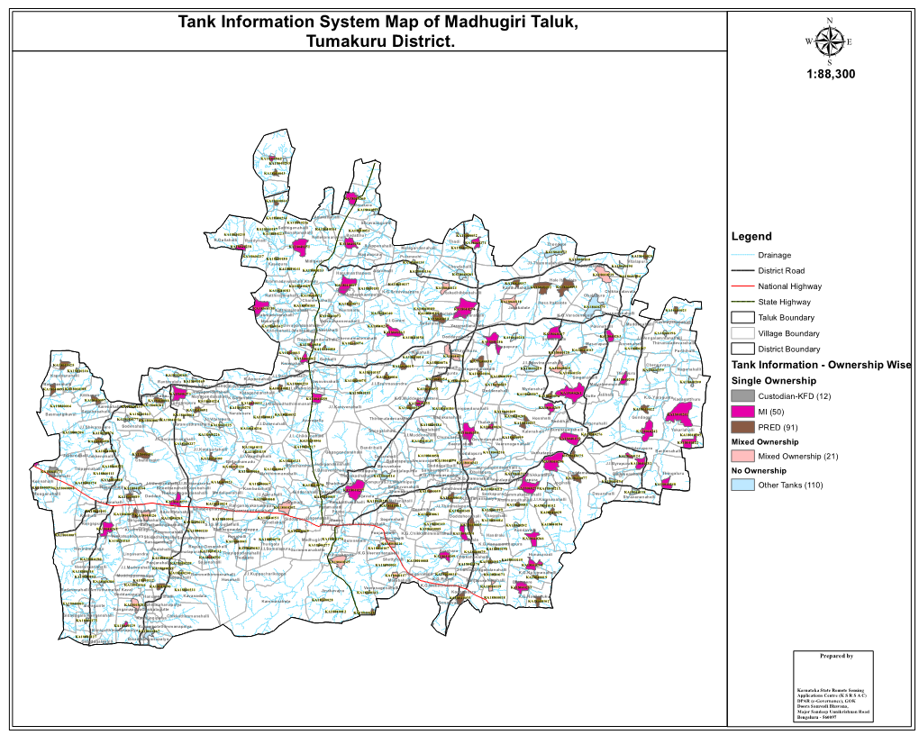 Tank Information System Map of Madhugiri Taluk, Tumakuru District. Μ 1:88,300