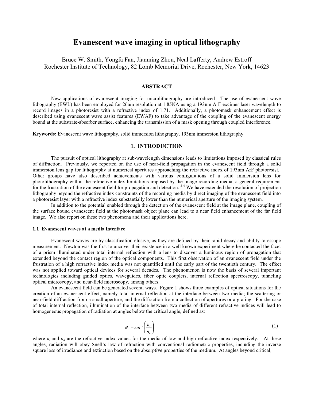 Evanescent Wave Imaging in Optical Lithography