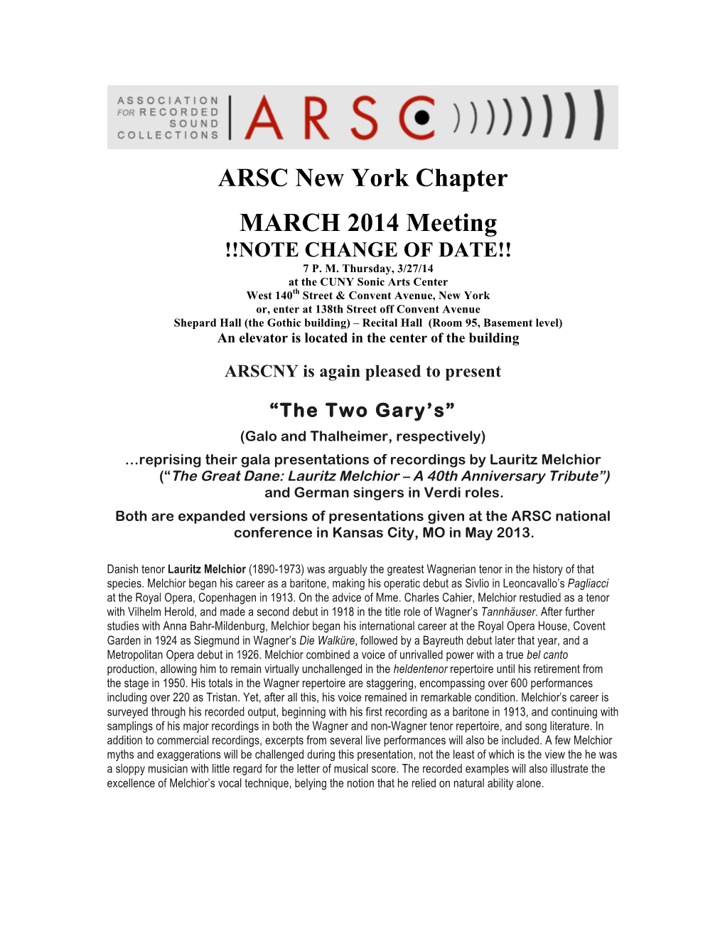 ARSC New York Chapter MARCH 2014 Meeting