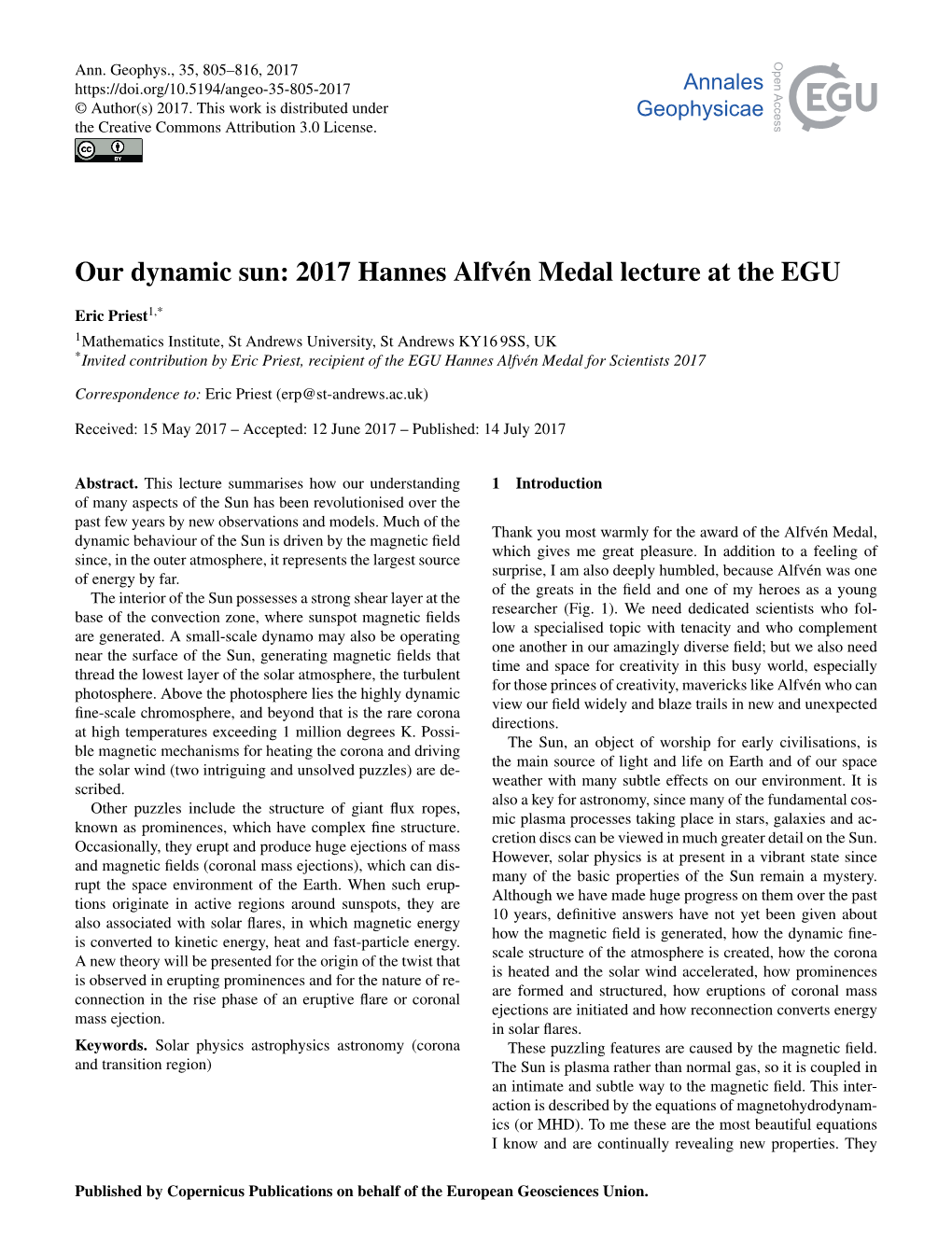 Our Dynamic Sun: 2017 Hannes Alfvén Medal Lecture at the EGU