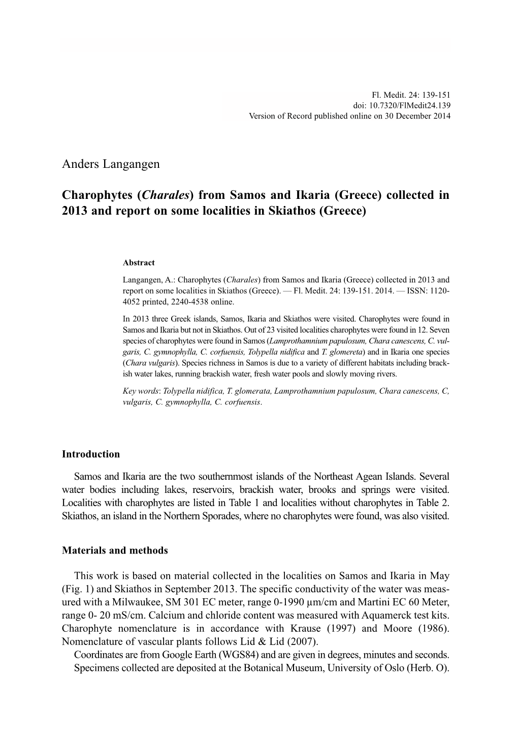 Anders Langangen Charophytes (Charales) from Samos and Ikaria (Greece) Collected in 2013 and Report on Some Localities in Skiath