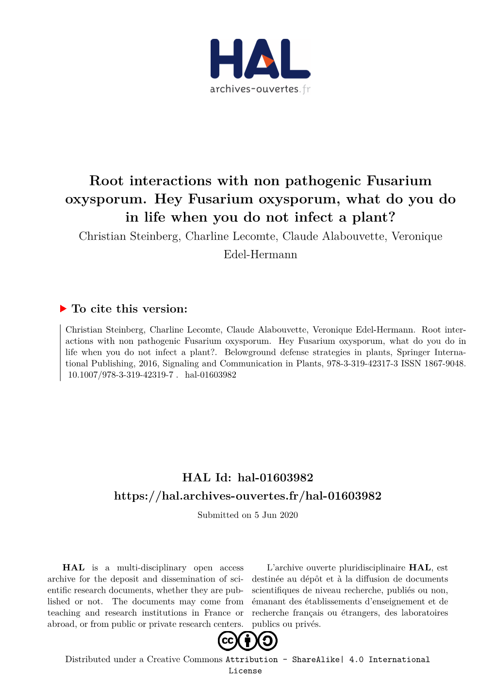 Root Interactions with Non Pathogenic Fusarium Oxysporum. Hey