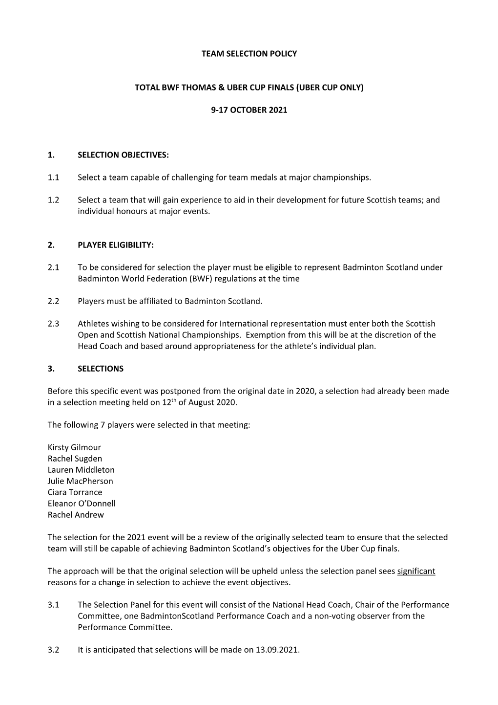 Team Selection Policy Total Bwf