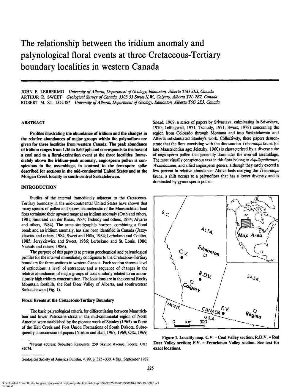 The Relationship Between the Iridium Anomaly and Palynological Floral Events at Three Cretaceous-Tertiary Boundary Localities in Western Canada