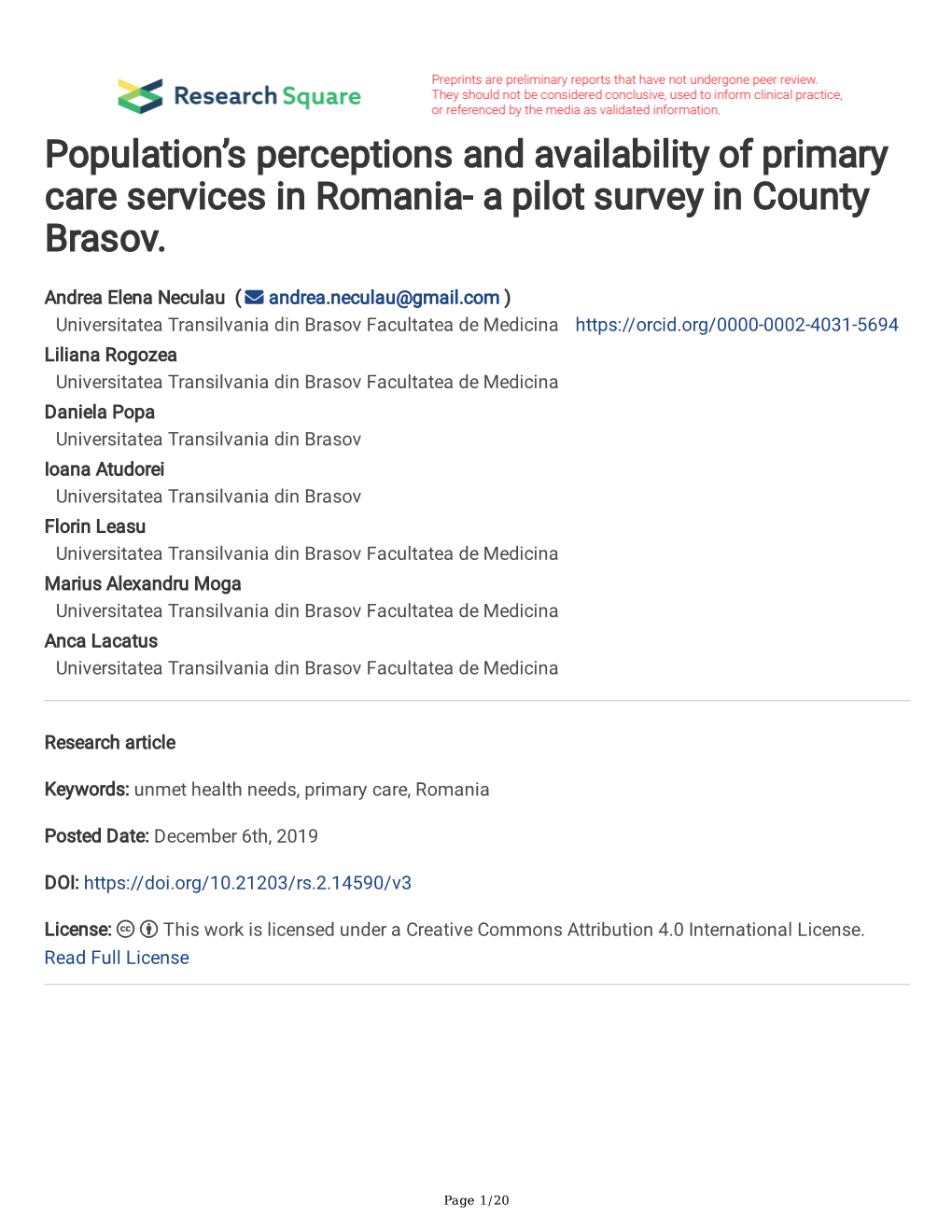 Population's Perceptions and Availability of Primary Care Services