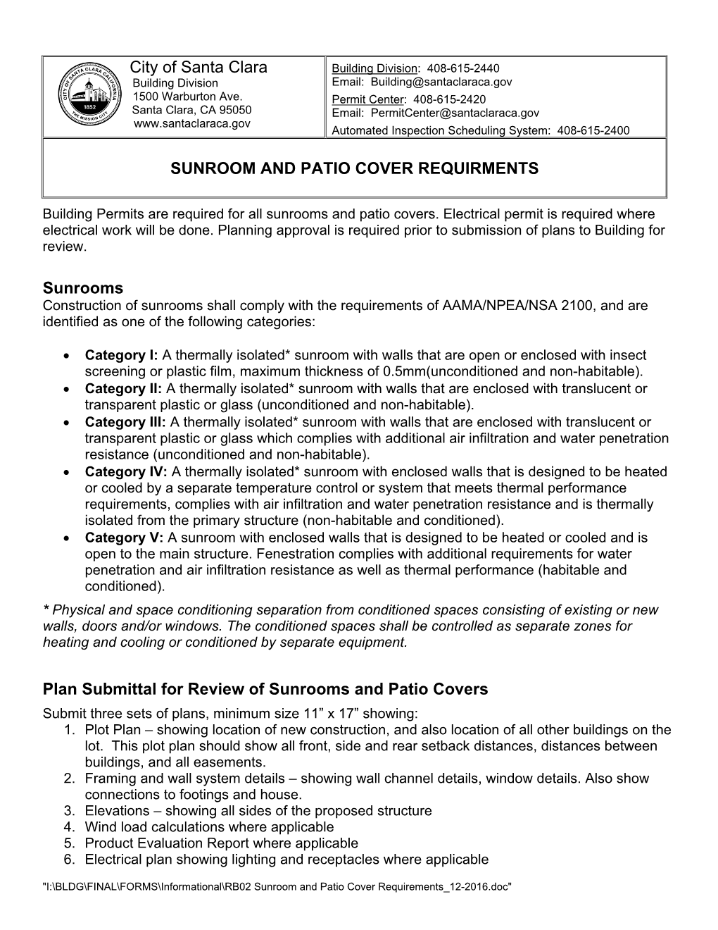 Sunroom and Patio Cover Requirements 12-2016.Doc