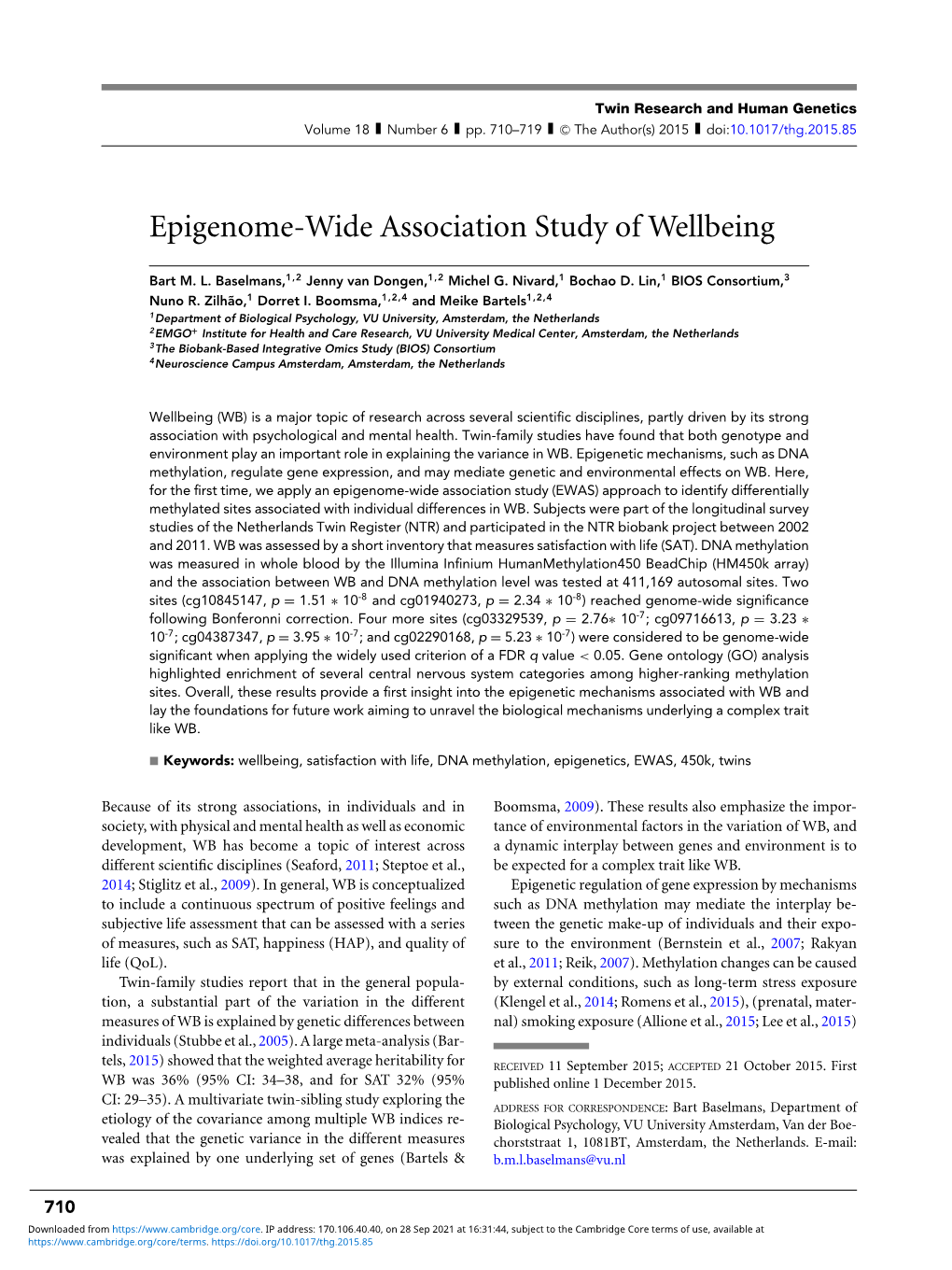 Epigenome-Wide Association Study of Wellbeing