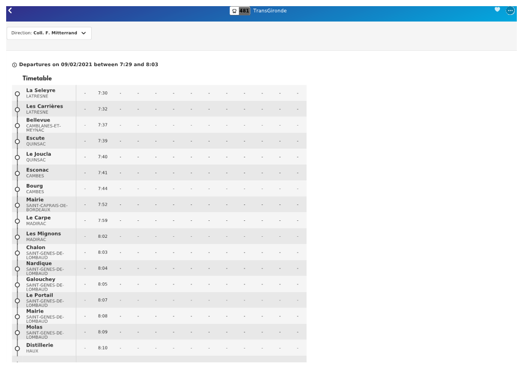 Transgironde 481 Departures on 09/02/2021 Between 7:29 and 8:03 La Seleyre Les Carrières Bellevue Escute Le Joucla Esconac Bour