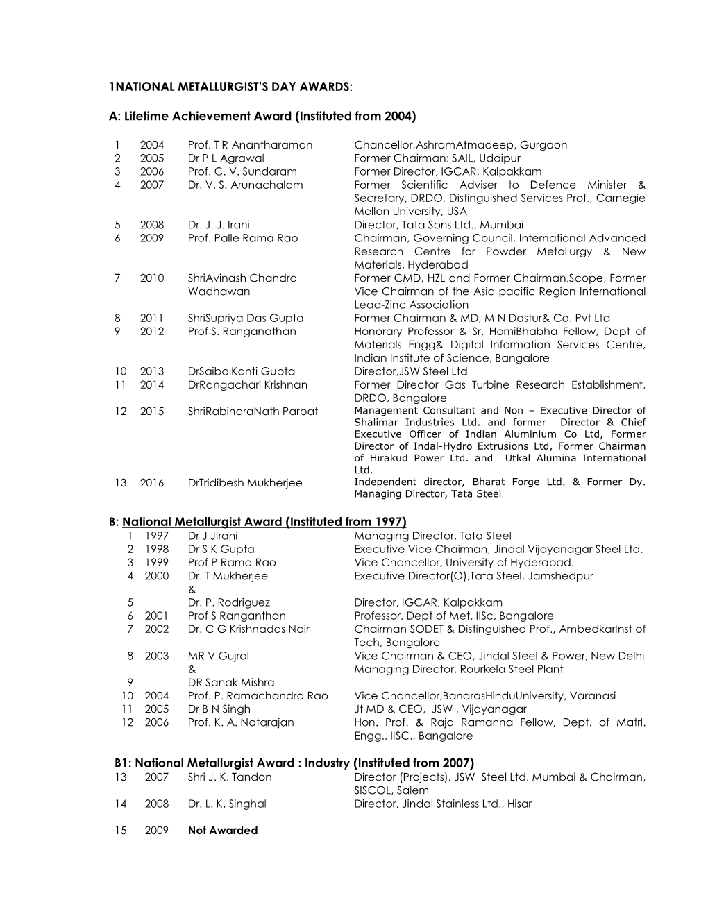 (Instituted from 2004) B: National Metallurgist Award (Inst