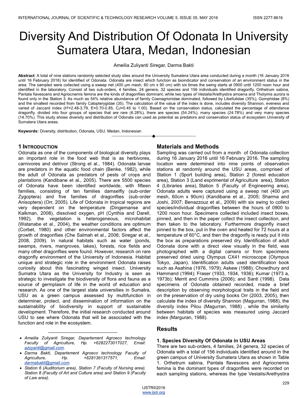 Diversity and Distribution of Odonata in University Sumatera Utara, Medan, Indonesian