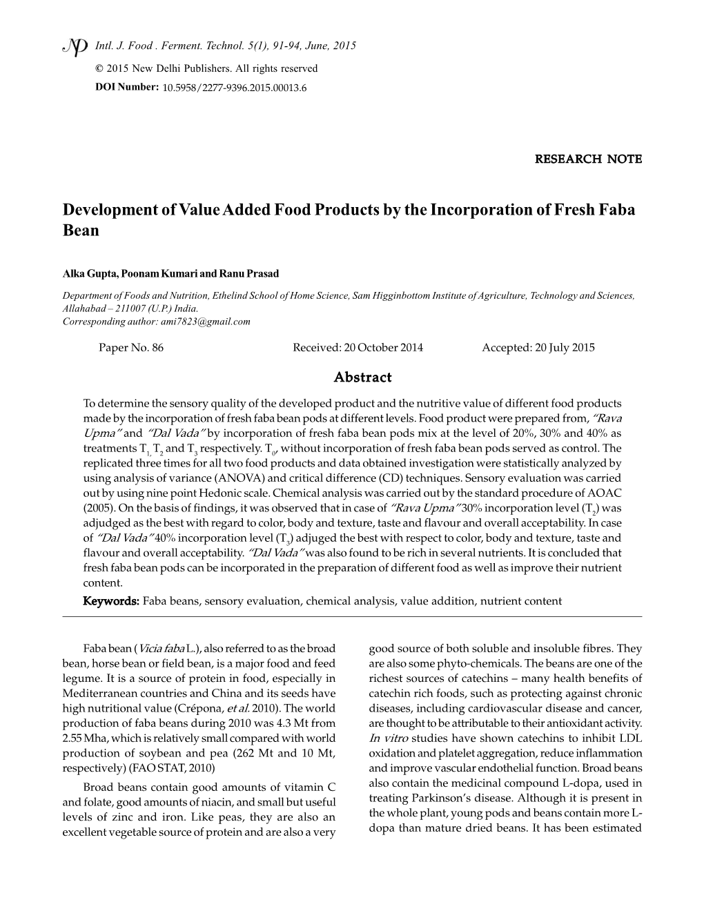 Development of Value Added Food Products by the Incorporation of Fresh Faba Bean