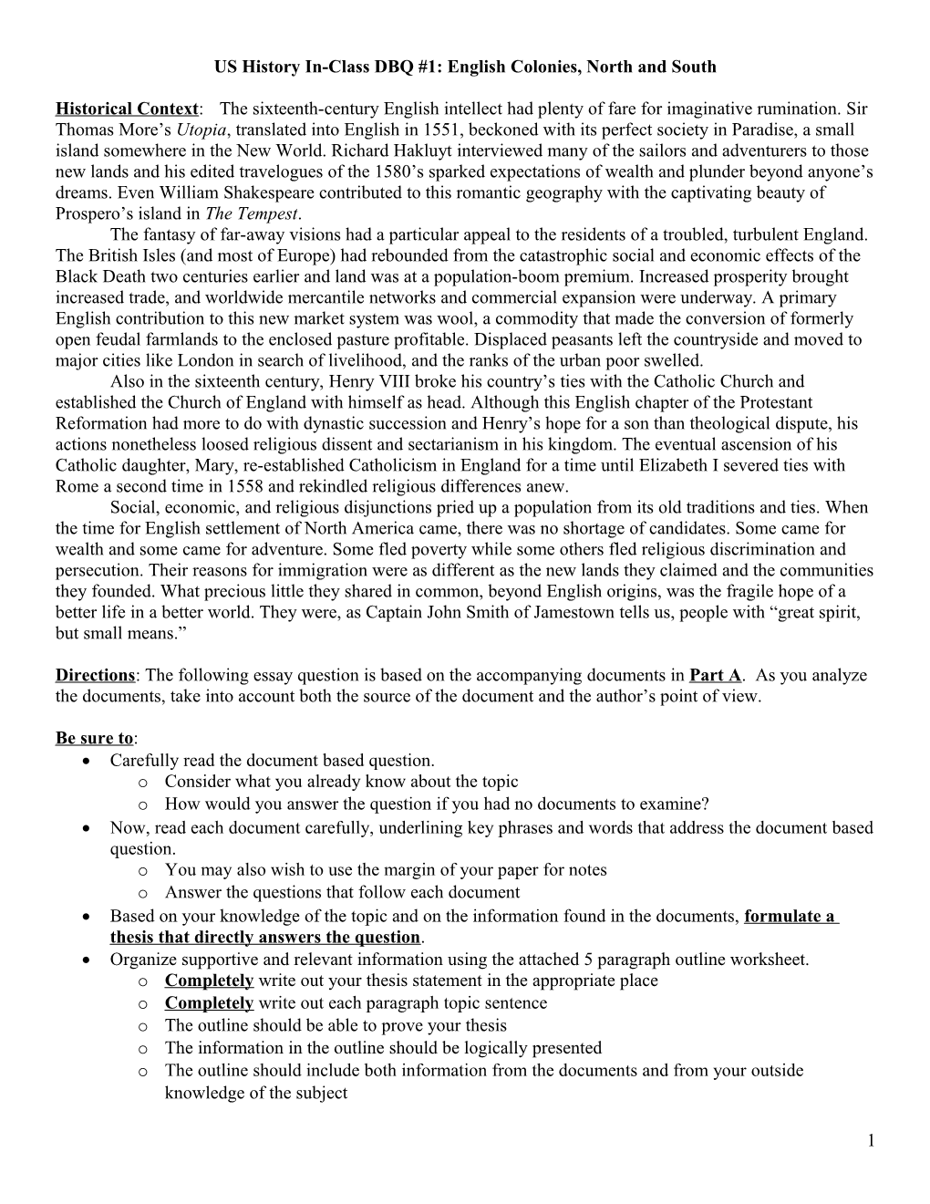 AP DBQ #1 English Colonies, North And South