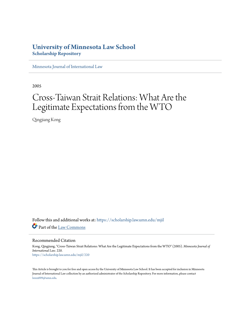 Cross-Taiwan Strait Relations: What Are the Legitimate Expectations from the WTO Qingjiang Kong