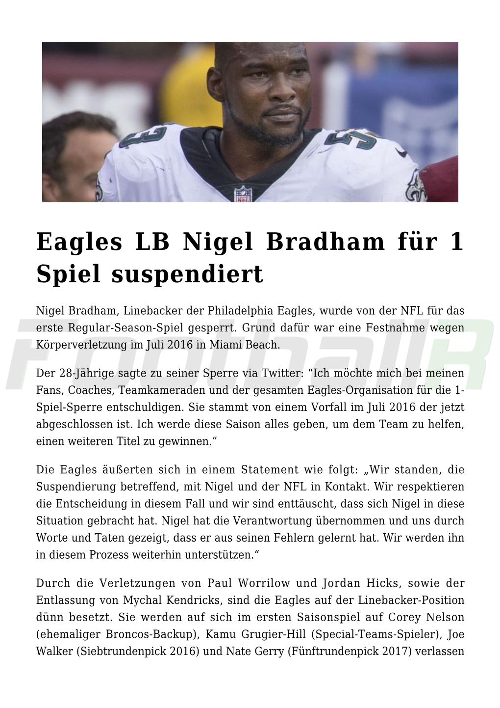 Eagles LB Nigel Bradham Für 1 Spiel Suspendiert