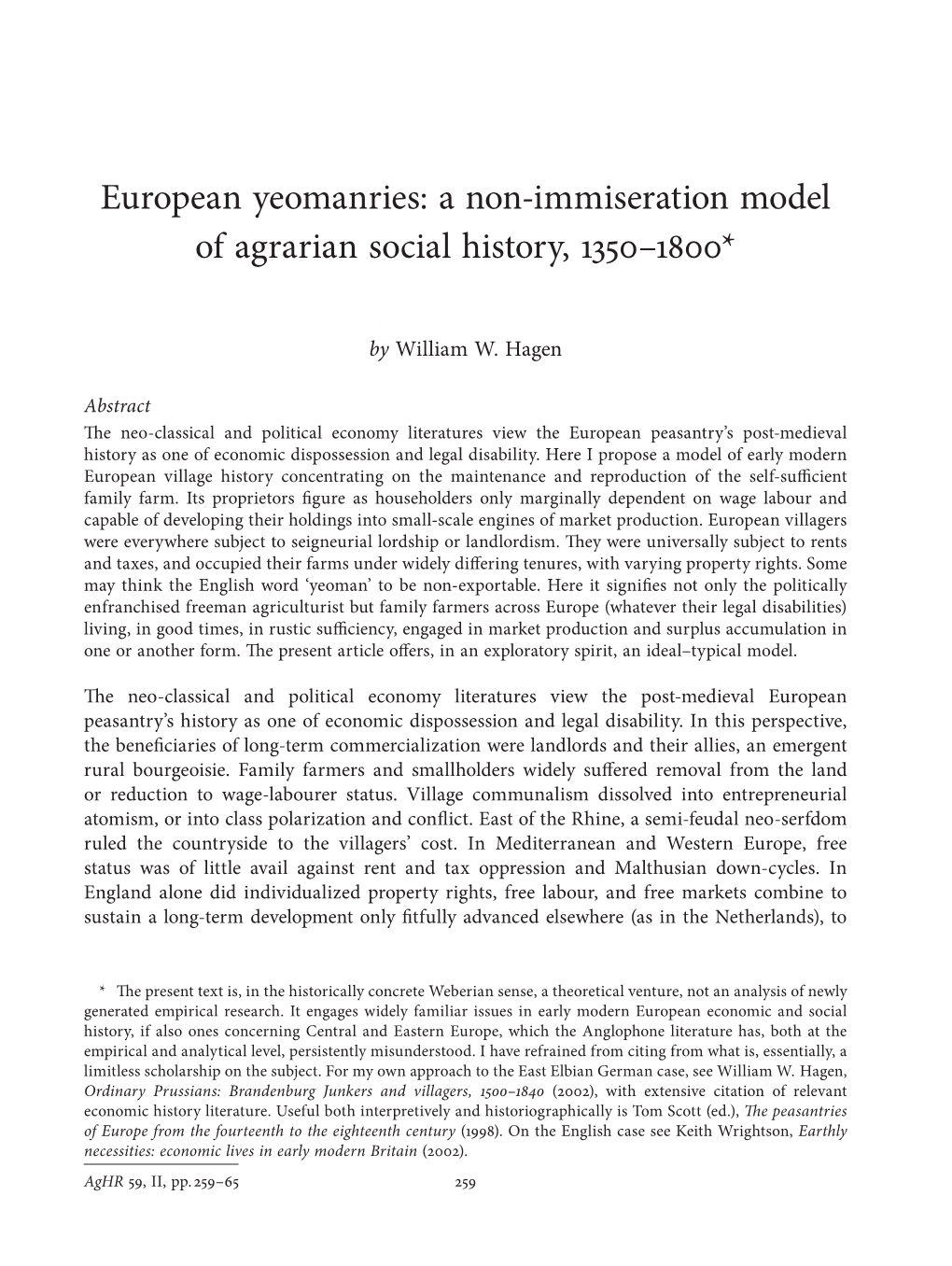 European Yeomanries: a Non-Immiseration Model of Agrarian Social History, 1350–1800*