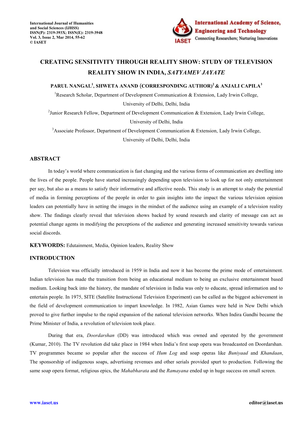 Creating Sensitivity Through Reality Show: Study of Television Reality Show in India, Satyamev Jayate