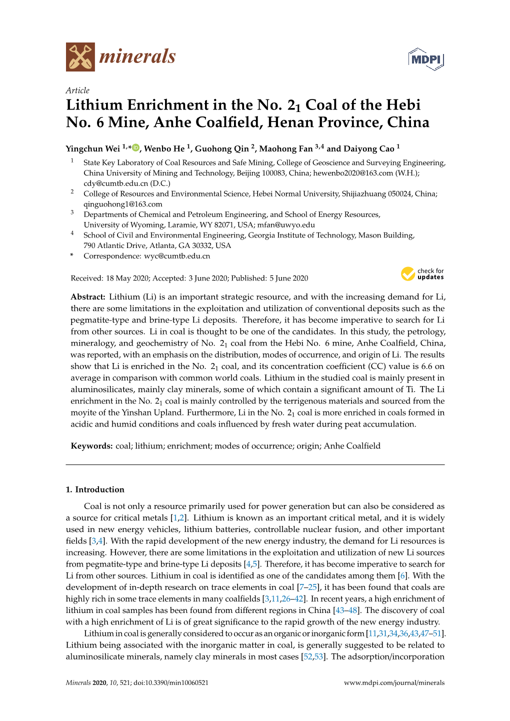 Lithium Enrichment in the No. 21 Coal of the Hebi No. 6 Mine, Anhe Coalﬁeld, Henan Province, China