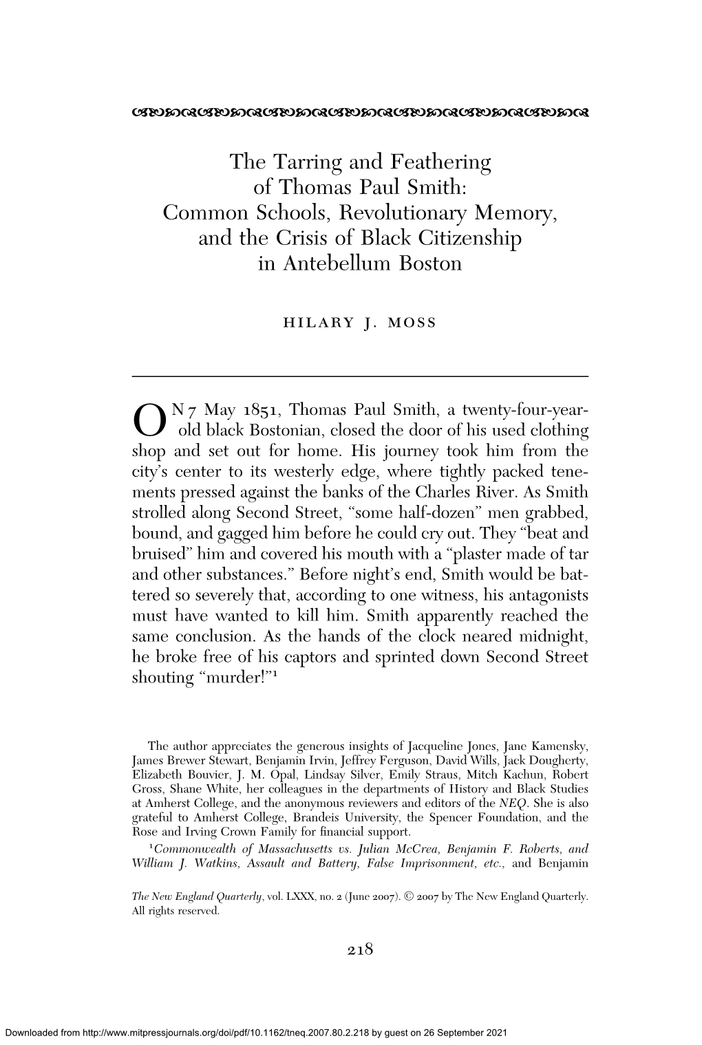 The Tarring and Feathering of Thomas Paul Smith: Common Schools, Revolutionary Memory, and the Crisis of Black Citizenship in Antebellum Boston