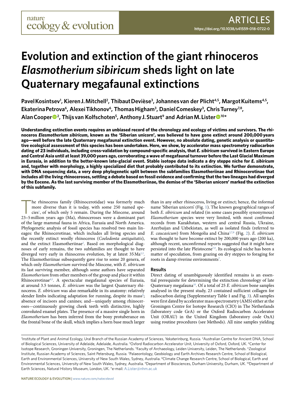 Evolution and Extinction of the Giant Rhinoceros Elasmotherium Sibiricum Sheds Light on Late Quaternary Megafaunal Extinctions