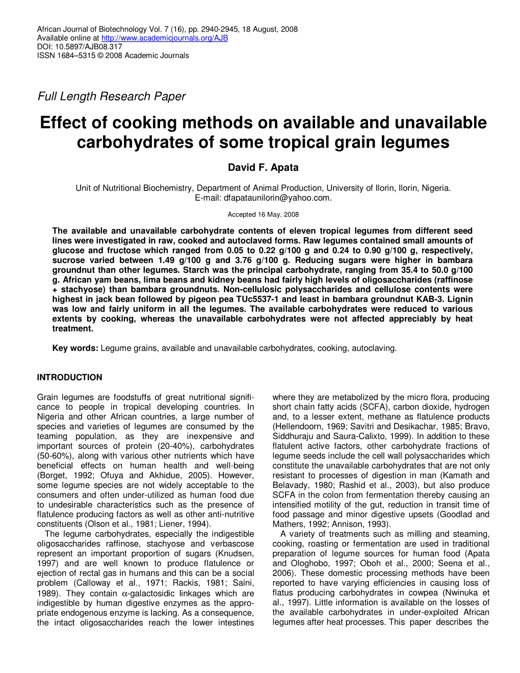 Effect of Cooking Methods on Available and Unavailable Carbohydrates of Some Tropical Grain Legumes