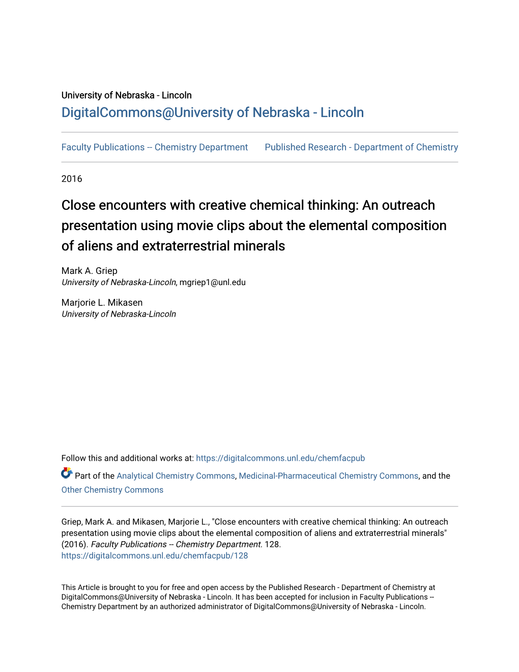 Close Encounters with Creative Chemical Thinking: an Outreach Presentation Using Movie Clips About the Elemental Composition of Aliens and Extraterrestrial Minerals