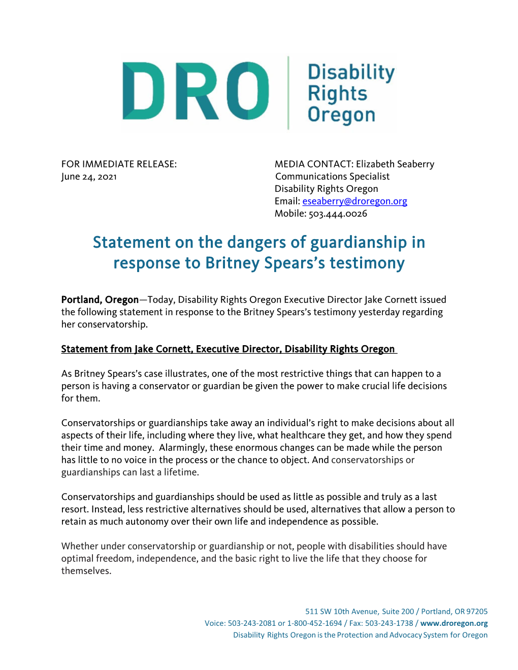 Statement on the Dangers of Guardianship in Response to Britney Spears’S Testimony