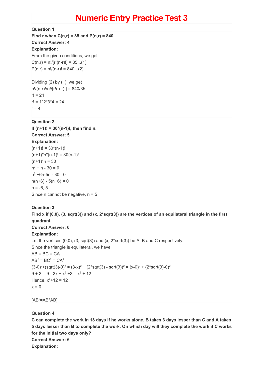 Numeric Entry Practice Test 3