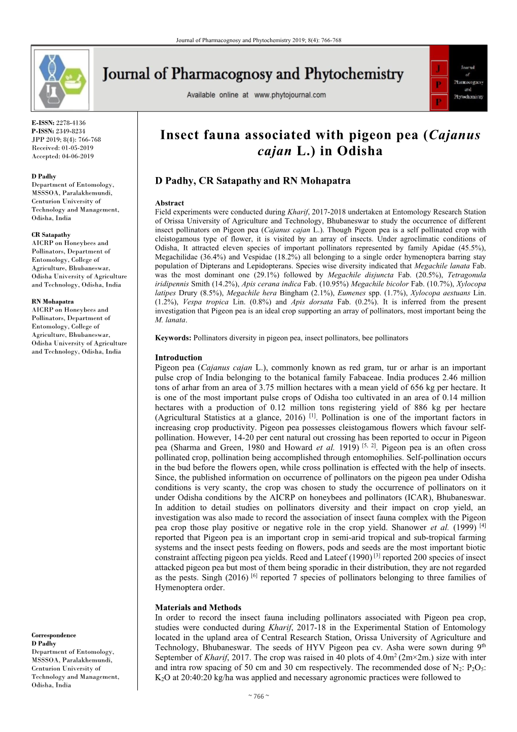 Insect Fauna Associated with Pigeon Pea (Cajanus Cajan